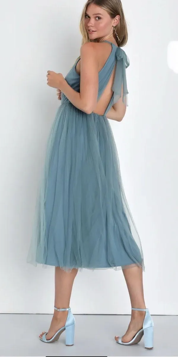 Lulus Elegant Ambiance Slate Blue Tulle A-Line Midi Dress Size Medium - Image 2