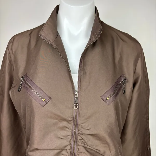 Black Vintage Brown Ruched Zip Up Pockets Collar Flight Utility Bomber Jacket M - Image 6