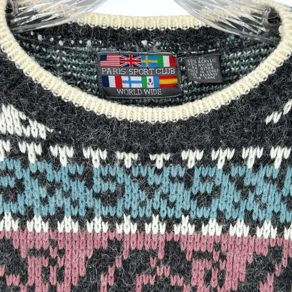 Vintage 80's Paris Sport Club Chunky Fair Isle Oversize Sweater M Breakfast Club - Image 3