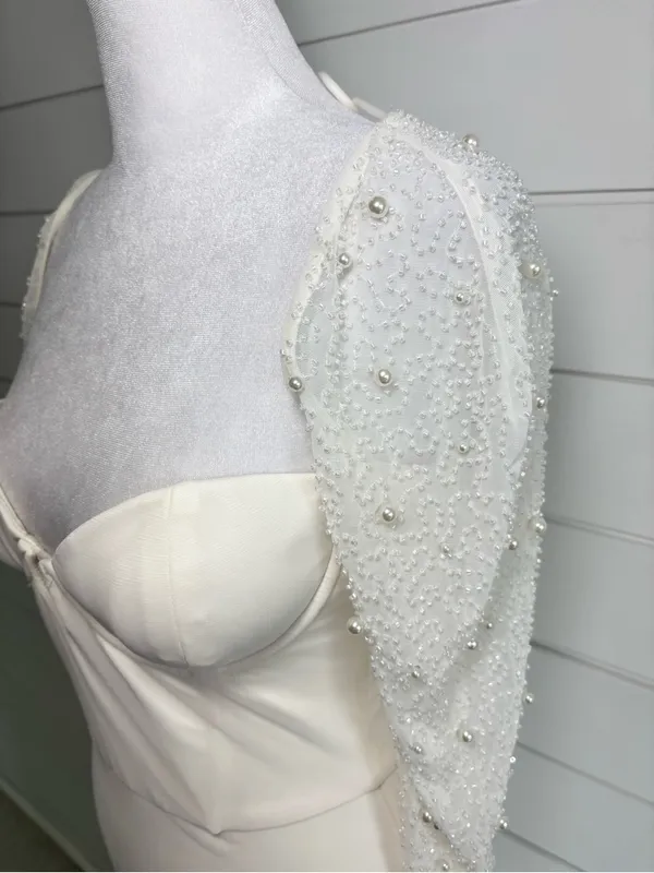 Oh Polly Ivory Pearl Beaded Sleeve Maxi Dress High Slit Formal Gown Size 4 - Image 10