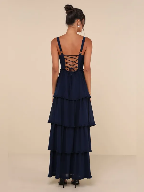 LULU’S Sophisticated Occasion Navy Blue Bustier Lace-Up Maxi Dress - Image 6