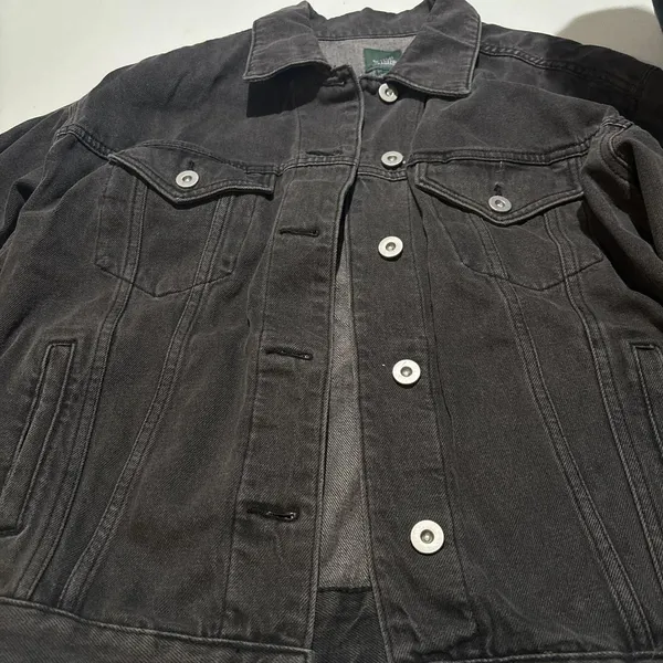 Black Washed Denim Trucker Jacket Oversized Vintage Grunge Streetwear XS - Image 4