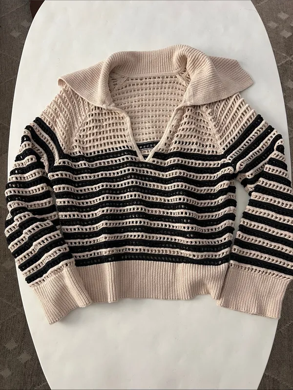 J. Crew Crochet Sailor Collar Open Knit Neutral Stripe Pullover Sweater Cotton M - Image 4