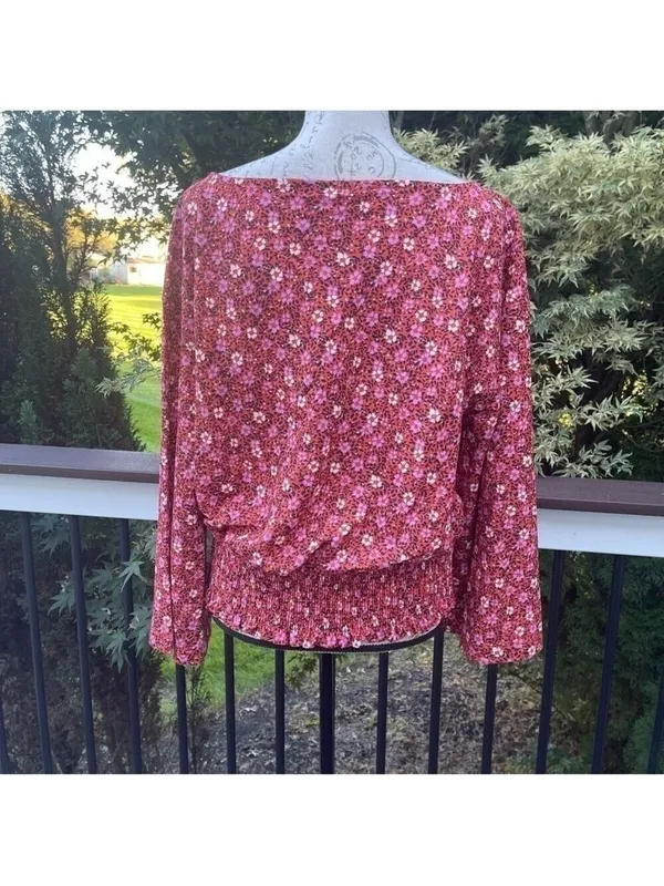 Ann TAYLOR FLORAL BELL SLEEVE SMOCKED WAIST TOP IN RIPE PERSIMMON SZ L - Image 5