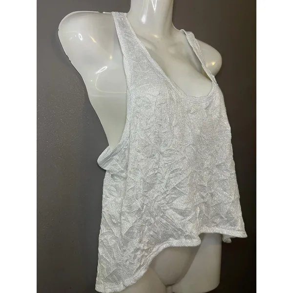 Free People Tank Top Womens Small Silver Lurex Scoop Neck Racerback Cropped - Image 3