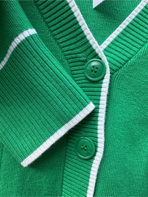 Maeve Anthropologie Green Ribbed V-Neck Cardigan NWT Medium Preppy Contrast Trim - Image 5