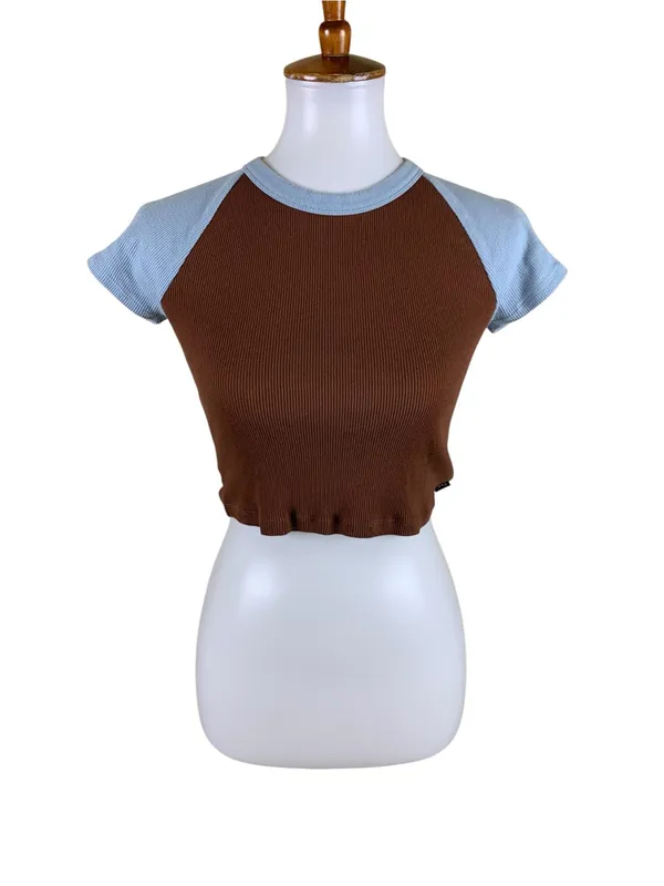 Tna Brown Blue Colorblock Ribbed Baby Tee Crop Top Y2K 90s Minimalist S - Image 2