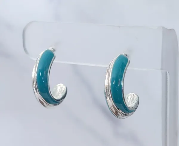 Silver Tone & Turquoise Tone Hoops - Image 2