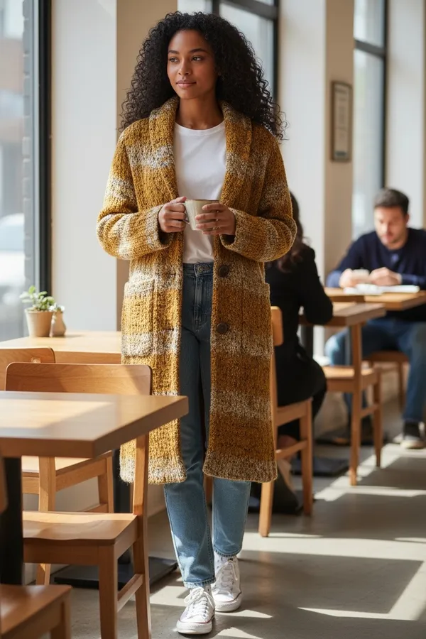 Anthropologie Tabitha Wool-Blend Longline Coat – Mustard & Grey Stripe, Size S - Image 5