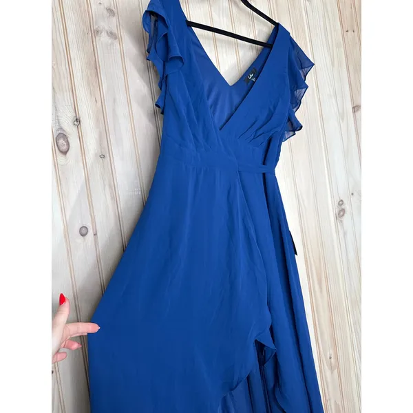 NWT Lulus Ravishing Charm Dark Blue Ruffled Wrap High-Low Maxi Dress Wedding M - Image 4