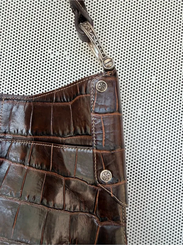Vtg y2k Brighton Croc-Embossed Shoulder Bag tote - Dark Brown - Image 2