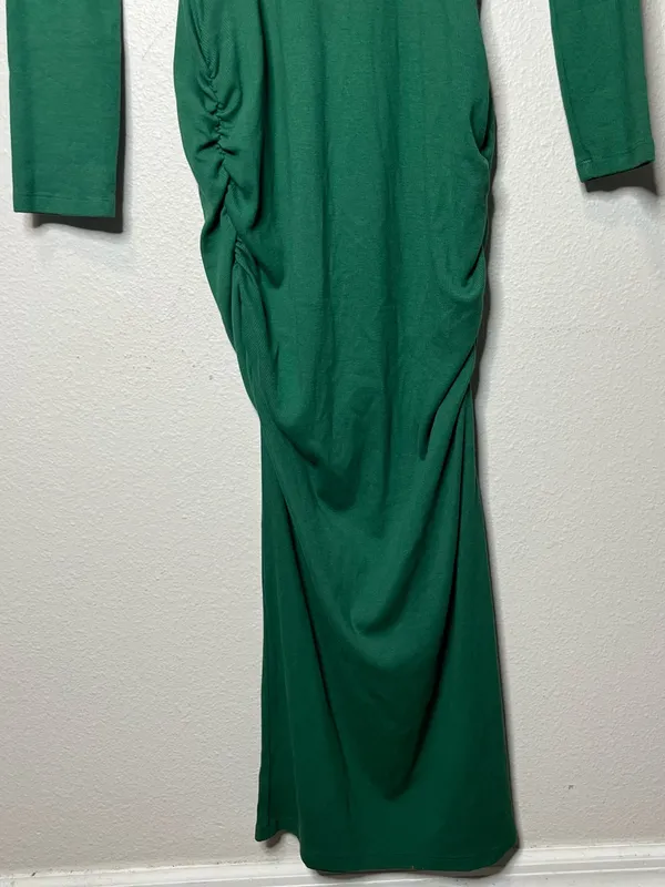Sundry Ribbed Long Sleeve Mock Neck Ruched Midi Dress in Green - Image 6