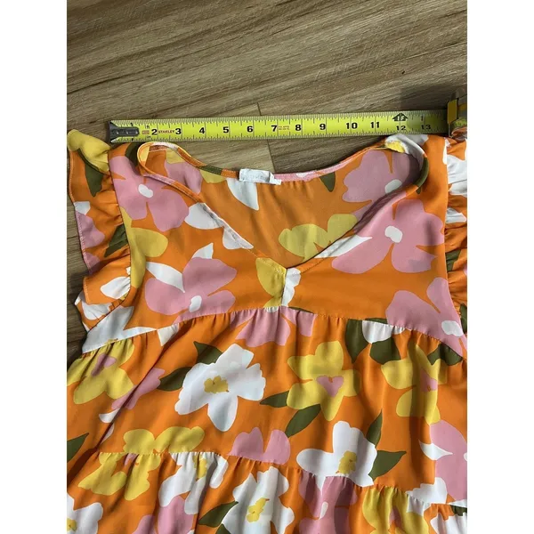 Wm‎ Med Orange Floral Babydoll Flutter Sleeve Cottage Spring Feminine Summer - Image 8