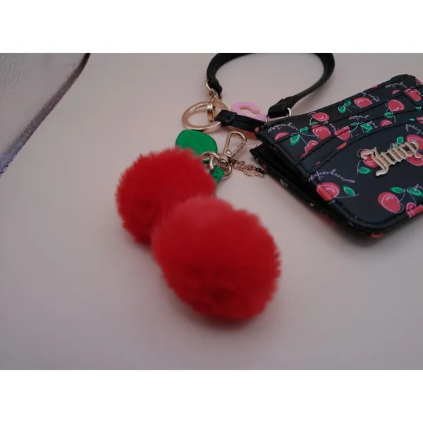 Juicy Couture Cherry Print‎ Card Holder Wallet Wristlet Black Red Pom Pom NEW - Image 8