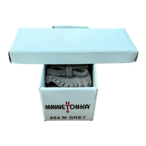 Minnetonka Suede Moccasin Keychain Key Ring Dark Grey Fringed Mini Shoe NIB - Image 4