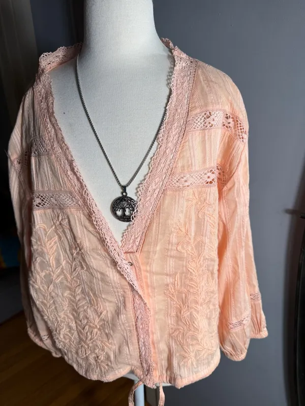 Free People Peach Lace-Trim Tie-Front Crop Top - Image 3