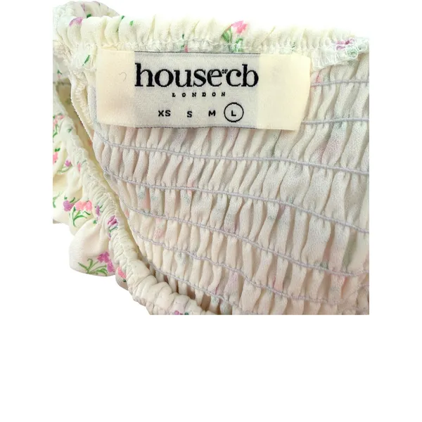 House of CB Gianna Cream Pink Floral Smocked Tie Shoulder Mini‎ Dress Milkmaid L - Image 5