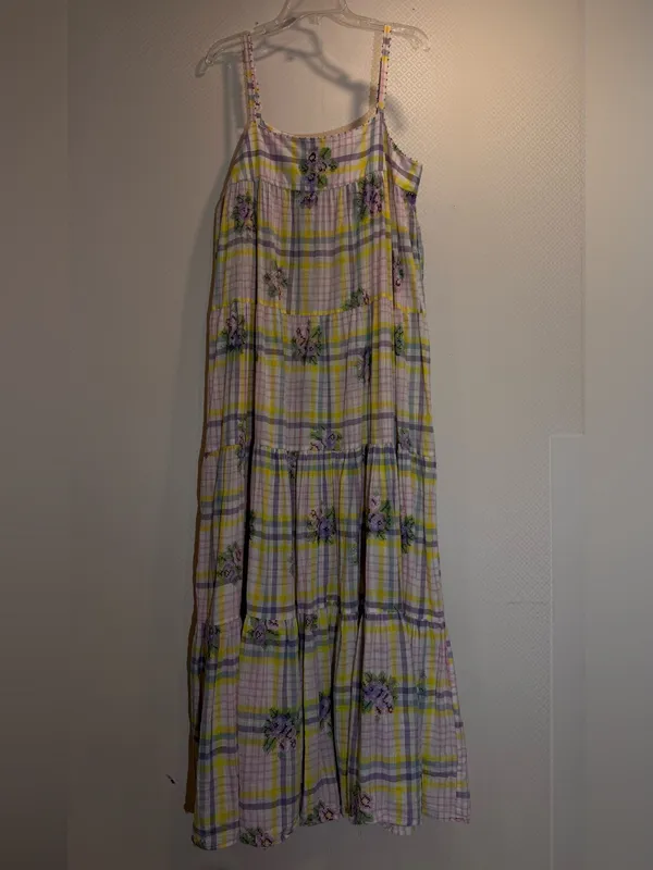 Anthropologie Payal Pratap Pastel Yellow & Pink Floral Plaid Maxi Dress - Image 8