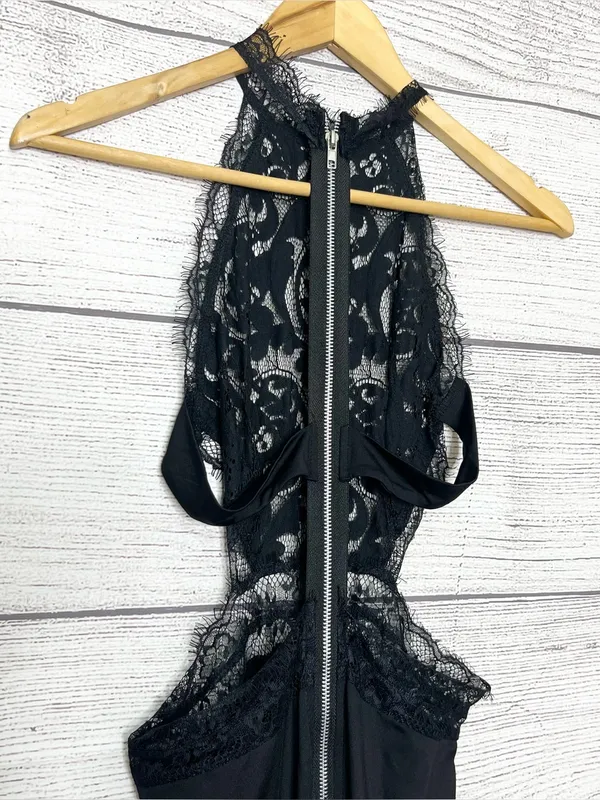Sheer Black Lace Halter Neck Open Back High Slit Maxi Evening Gown Size Small - Image 11