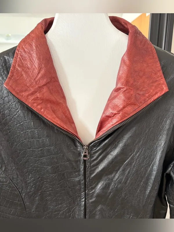 VERA PELLE Black & Rust Brown Alligator Print Leather Jacket - Image 2