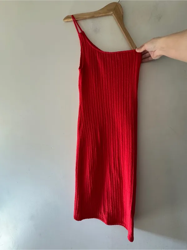 ZARA Asymmetric One Shoulder Midi Cable‎ Knit Red Dress - Image 3