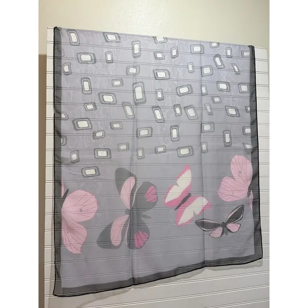 Okinawa Japan Scarf Grey Pink Butterfly Floral Sheer Geometric Print OS - Image 2