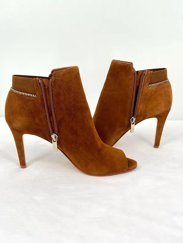 Marc Fisher Serenity Cognac Suede Peep Toe Stiletto Heel Ankle Booties Size 7M - Image 9