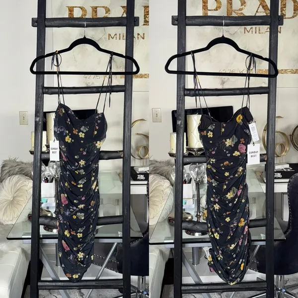 Aritzia Sunday Best XXS Caruso Black Floral Mesh Midi Dress Ruched Bodycon New - Image 3