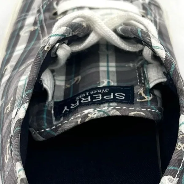 Sperry Pier View Anchor Plaid Gray Blue White Canvas Laced Slip On Sneakers 7.5 - Image 7