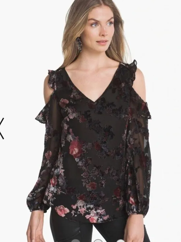3/$30 White House Black Market | Black Velvet Floral Cold Shoulder Top 4 - Image 3