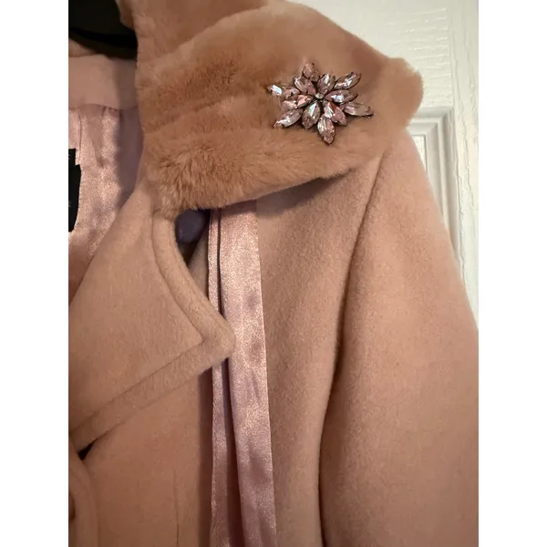 Vintage Y2K Moda International Pink Wool Fur Trim Overcoat Coat 6 - Image 4