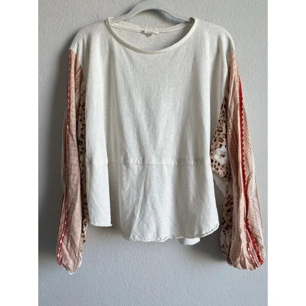 Easel Women’s Large Boutique Cream Patchwork‎ Flare Balloon Long Sleeve Top Boho - Image 7