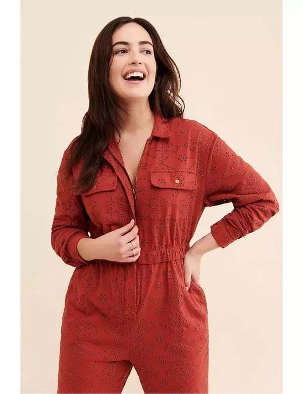 Free People Set The Tone Eyelet Long Sleeve Jumpsuit Terracotta Red Women's Sz 4 - Image 3