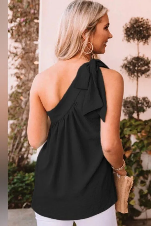 NEW Black Asymmetric One Shoulder Tied with Bow Sash Pleated Blouse L - Image 2