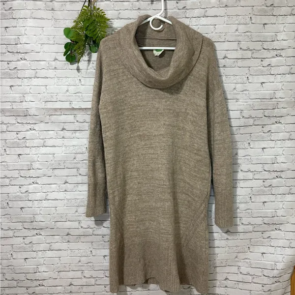 Anthropologie Light Tan Oatmeal Wool Blend Turtleneck Sweater Dress - Image 3