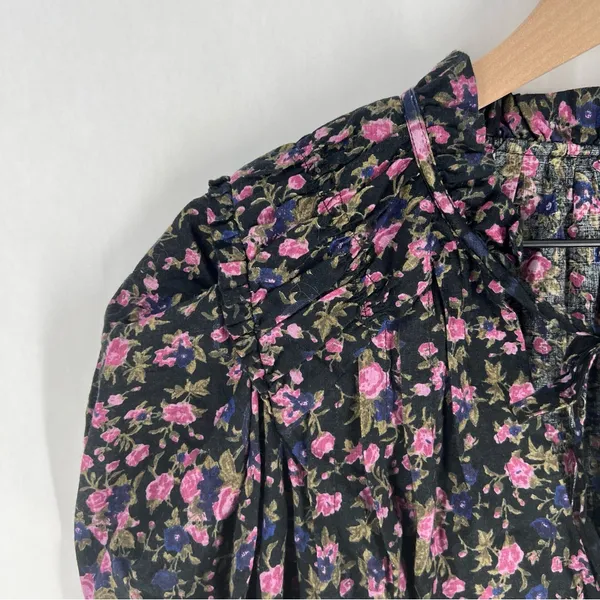 Free People Meant To Be Black Floral Print Full Mutton‎ Sleeve Peasant Blouse M - Image 3