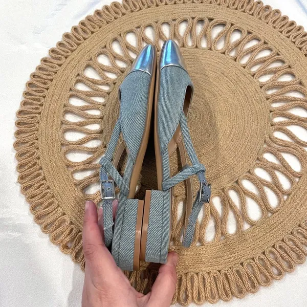 Steve Madden Belinda Adjustable Buckle Sling Back Flats Denim Silver Size 6 - Image 9