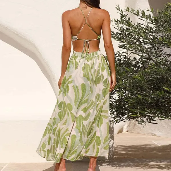 Commense Tropical Sunkissed Cutout Open Back Resort Green Maxi Dress Small - Image 2
