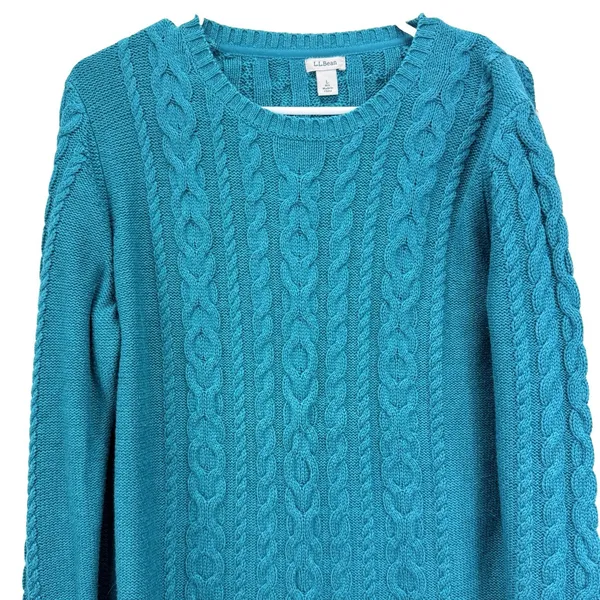 LL Bean Teal Double L Mixed Cable Cotton Crew Neck Pullover Sweater Size LARGE - Image 4
