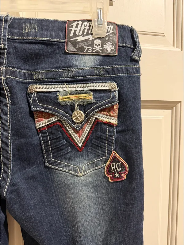 Affliction Jade Women's Distressed Blue Jeans with Red Bandana Patch Size 31 - Image 12