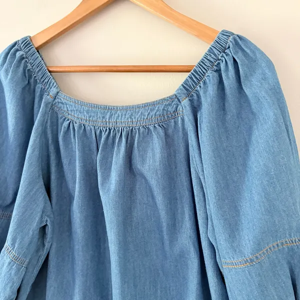 Sundance Denim Chambray Top M Blue Boho Puff Sleeve Square Neck Cotton Blouse - Image 8