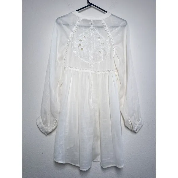 Free People Ivory Button Up High Low Tunic Embroidered Cutout Back M - Image 8