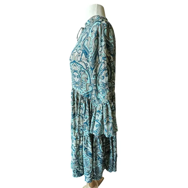 Paani Teal Paisley Tiered Babydoll Dress Flowy‎ Vneck Tassle High Waisted Flowy - Image 8