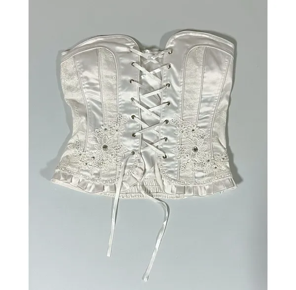 White Satin Silk Embroidered Floral Tie-Up Bridal Corset Top Bustier Lingerie Size S/M 🤍 - Image 4