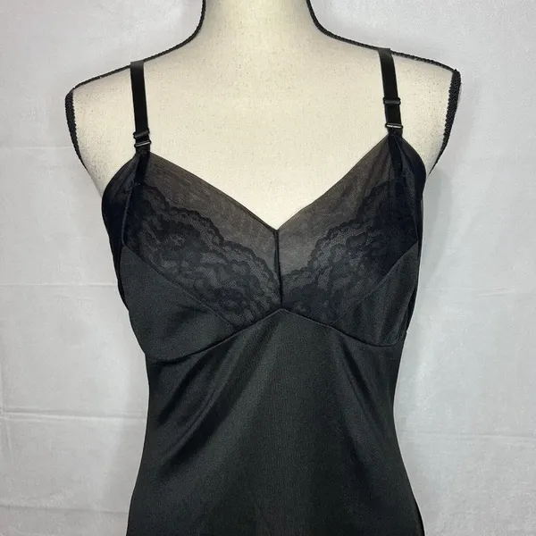 Vintage Movie Star Full Slip Black Nightgown 100% Nylon Lace Hem Sz S Bust: 34” - Image 2
