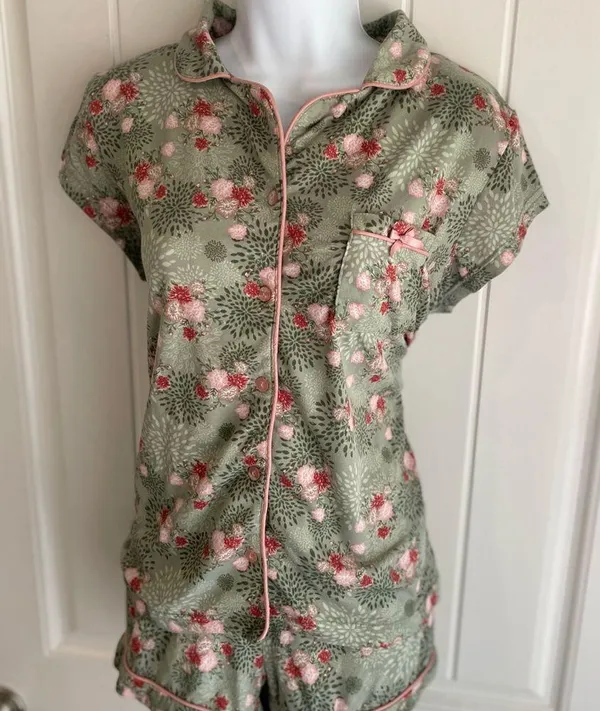 Balletcore Floral Green & Pink Satin Bow Pajama Set by Cynthia Rowley Sz Medium - Image 3