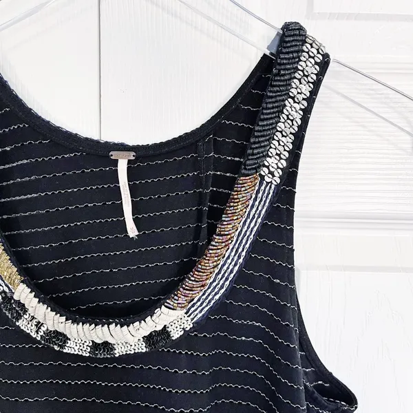 Free People Aztec Louie Beaded Split Back Tank Top Black Boho Festival Y2K Indie - Image 3