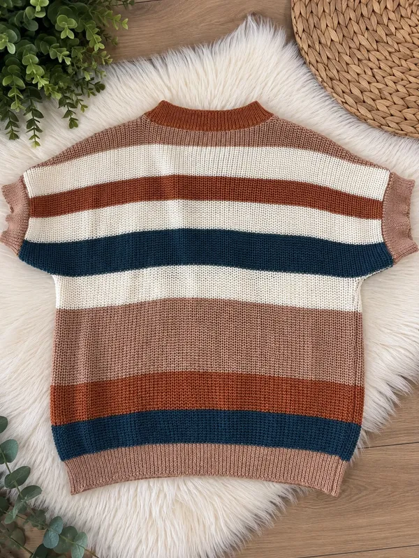 Women’s Striped Knit Short Sleeve Sweater – Multicolor - Image 2