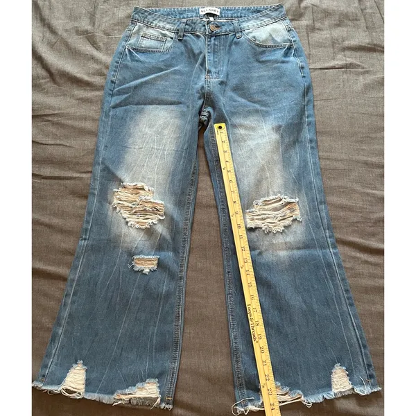 Melarey Blue Distressed Wide Leg Jeans Light Wash Frayed Hem Size L - Image 11