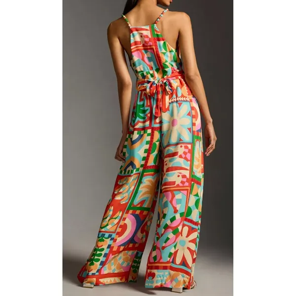Farm Rio Anthropologie Cutout Halter Jumpsuit Med Brazilian Tropical Bold Print - Image 2
